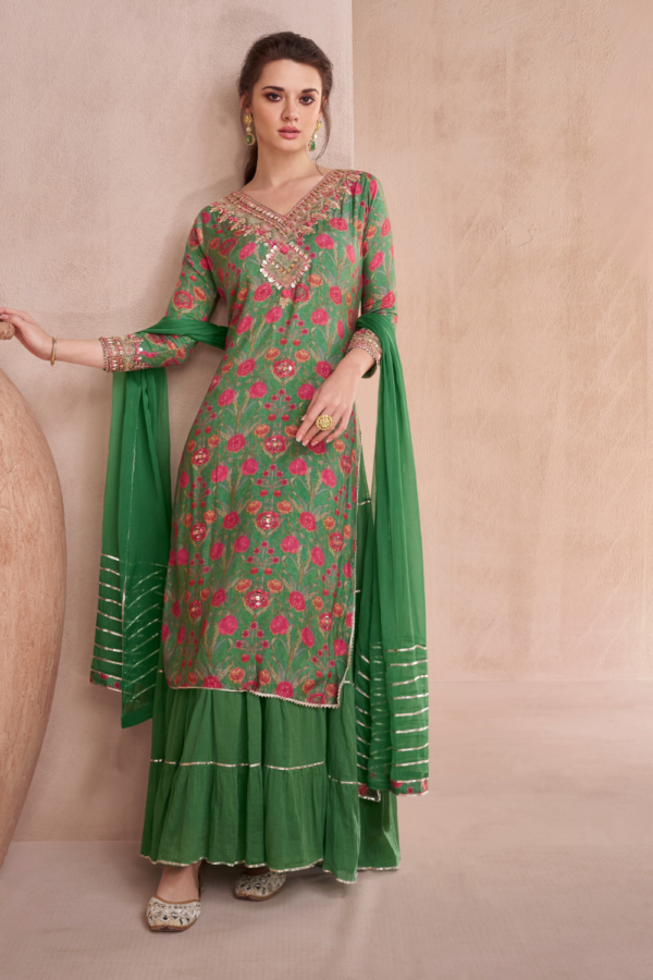 Digital Printed Mulsli Green Lengha With Hand Embellished Work